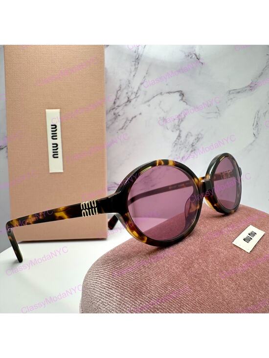 New MIU MIU Sunglasses Brown Tortoise Round Acetate Gold Metal Logo Authentic main image 13